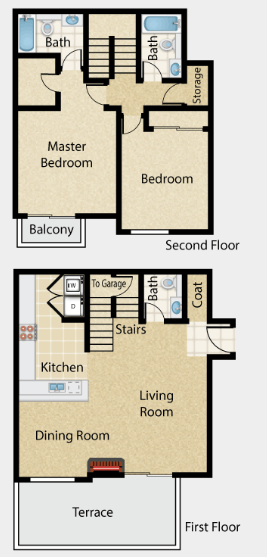Floor plan for 2 beds, 2.5 baths, 1176 sqft